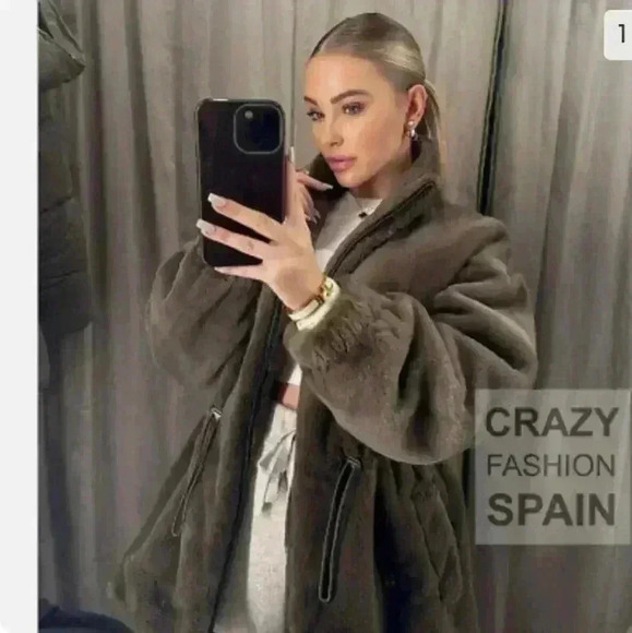 ZARA NWT FW22 Taupe Gray Faux Fur Jacket 4369/040 - Picture 1 of 9